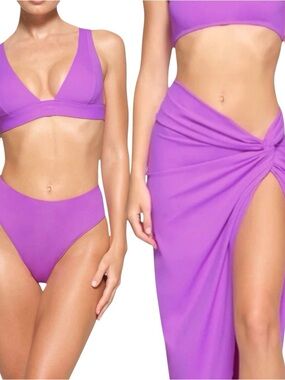 Skims Signature Swim Plunge Violet Bikini Top, Mid Waist Bottom & Sarong 💜👙✨